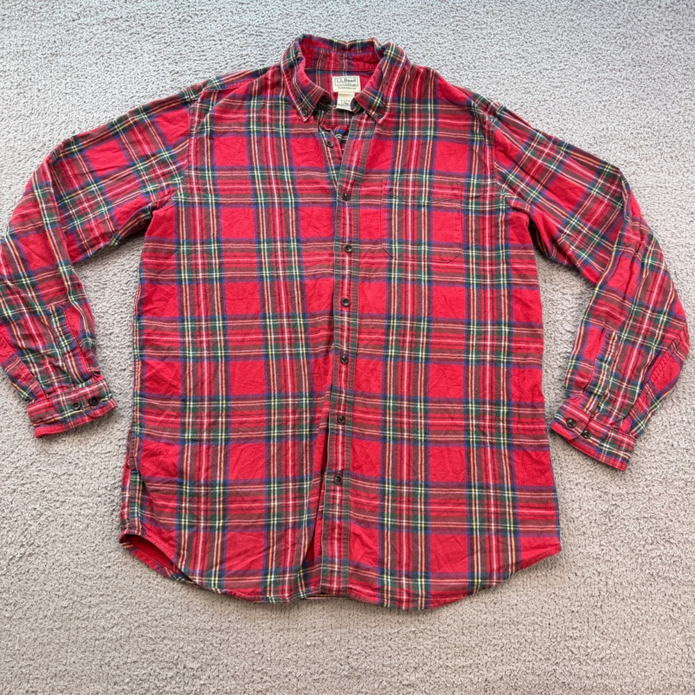 LL Bean Mens Large Tall Red Plaid Flannel Shirt Traditional Fit 228066